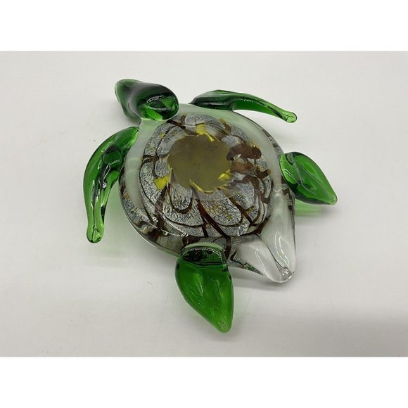 Italian Art Glass Sea Turtle Green Marbled Paperweight Gold Brown Marine - Picture 15 of 16